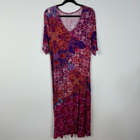 Soft Surroundings Pink Printed Maxi Short Sleeve Dress Summer Beach Vacation - Picture 1 of 6